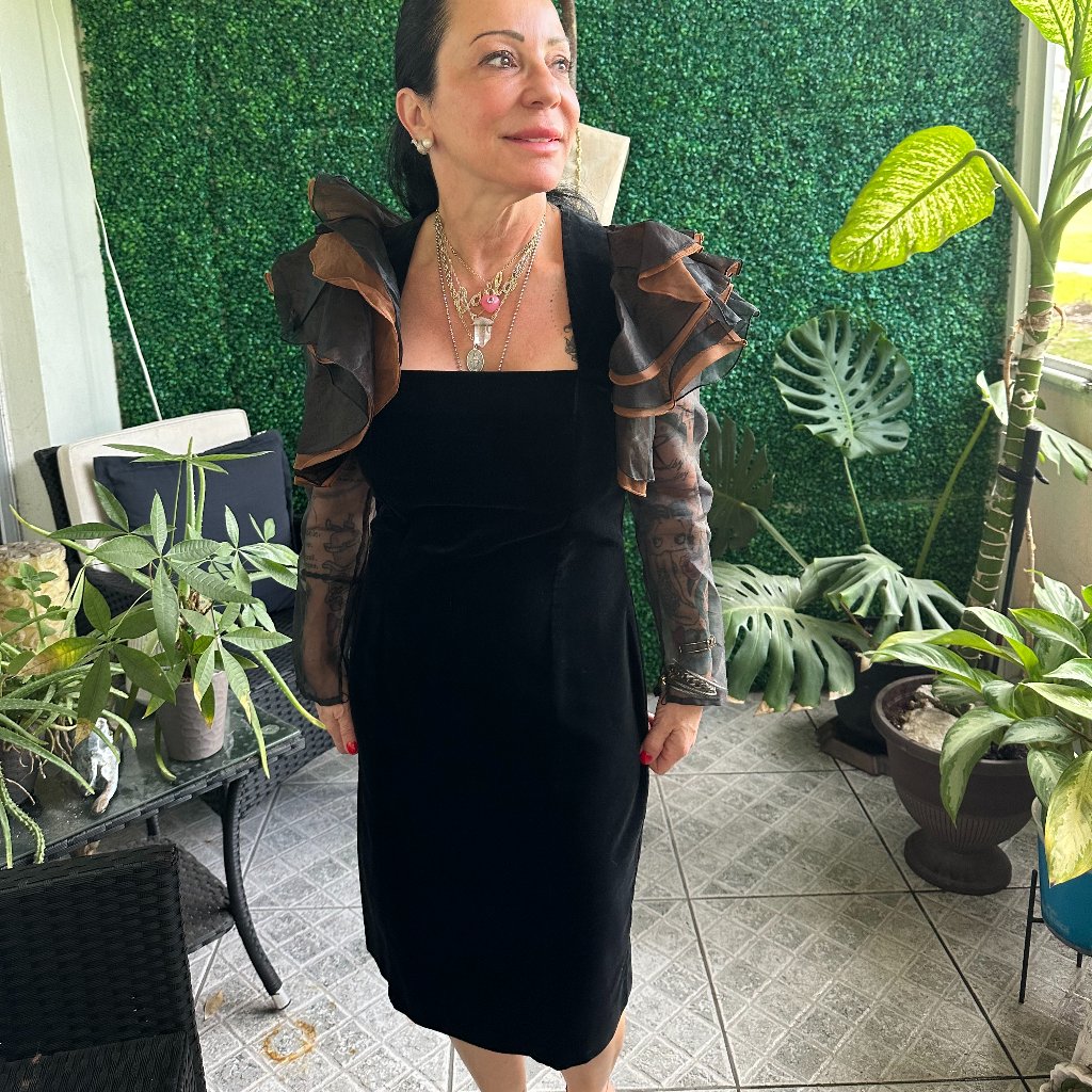 Vintage Black Italian Velvet Cocktail Dress With Ruffle Layers Sheer Long Sleeve